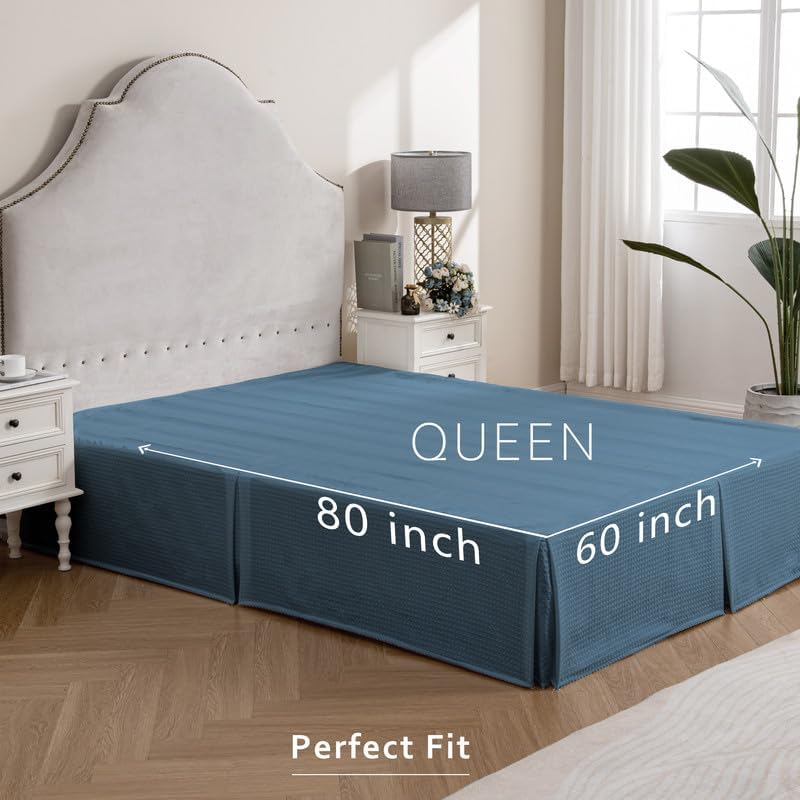 MIYE Pleated Waffle Weave Bed Skirt, Tailored Dust Ruffle 16 Inch Drop Easy Fit, Machine Washable (Blue, Queen - 16" Drop)