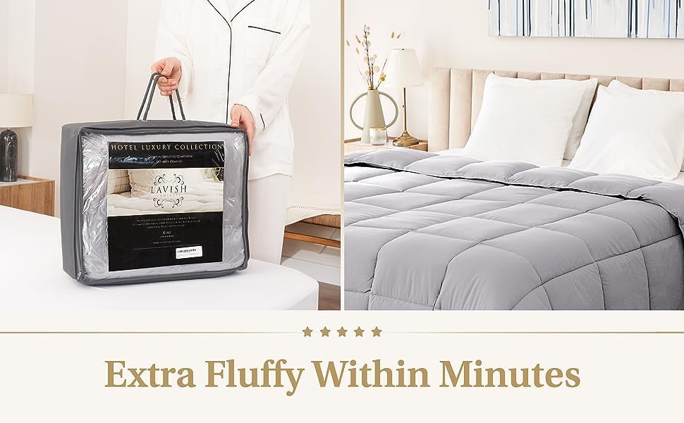 Lavish Comforts® Gray Comforter Queen – Fluffy Down Alternative Duvet Insert, Light Gray Comforter, All-Season Bedding, Hypoallergenic, Machine Washable, Queen Duvet Insert with Corner Loops