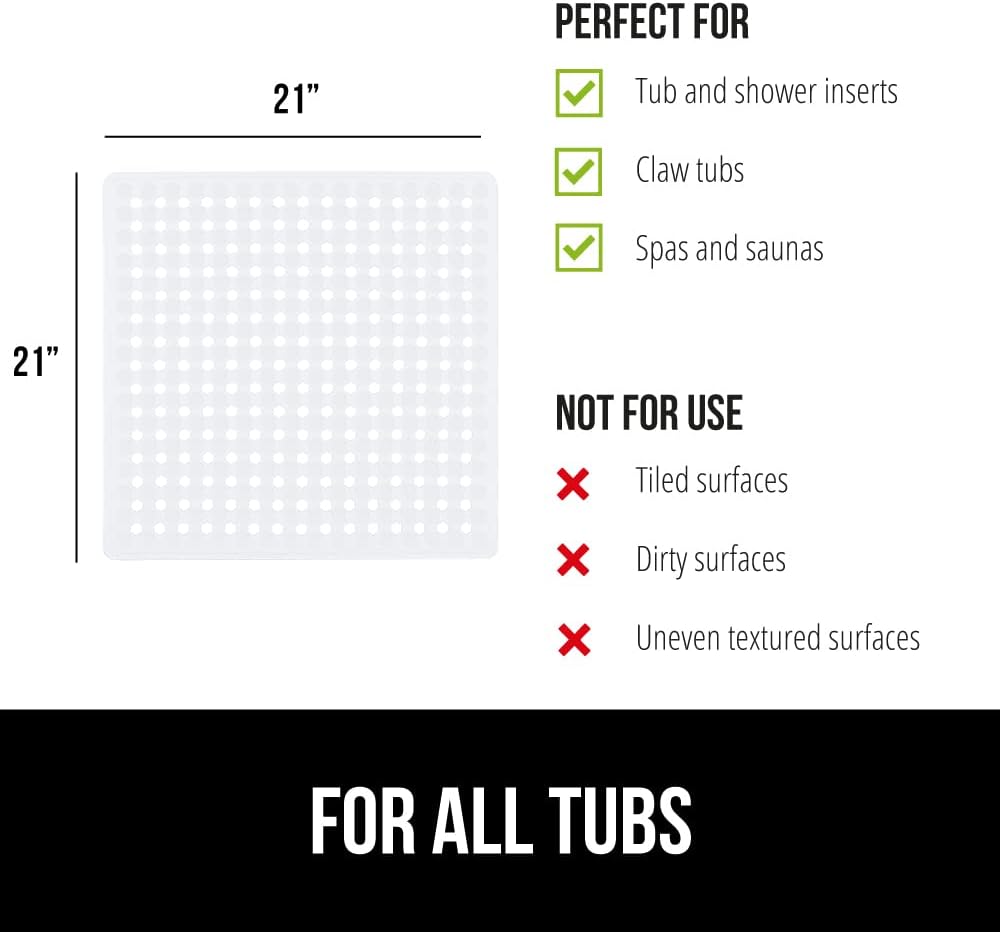 GORILLA GRIP Patented Square Shower Stall Mat, Small Bathtub Floor Mats for Stand Up Showers, Suction Cups and Drainage Holes, Machine Wash, Soft on Feet, Bathroom Accessories 21x21 Inch, 2 Pack White
