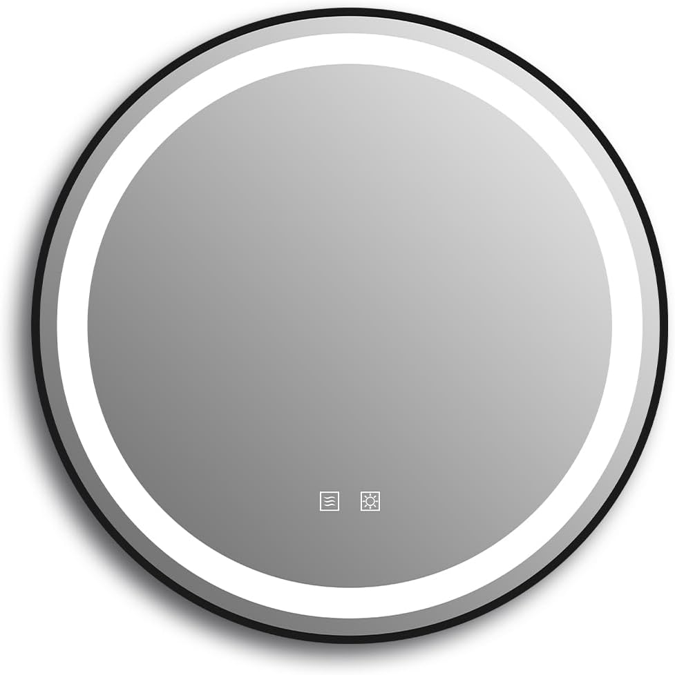 Round 24" LED Bathroom Mirror with Black Frame, Stepless Dimmable, Anti-Fog, Shatter-Proof, Memory, 3 Colors, LED Vanity Mirror