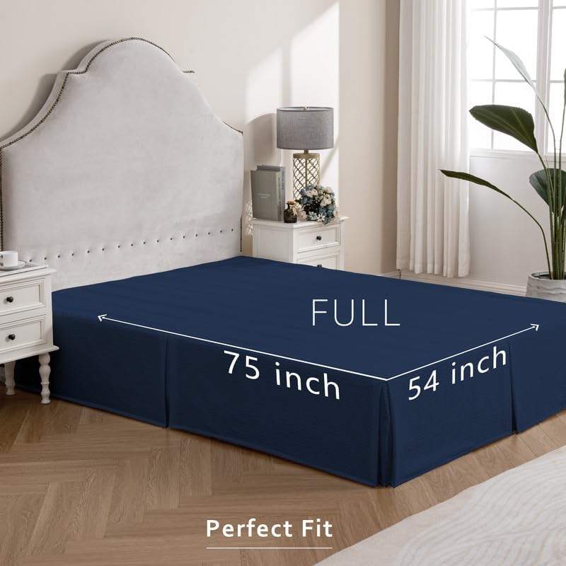 MIYE Pleated Waffle Weave Bed Skirt, Tailored Dust Ruffle 12 Inch Drop Easy Fit, Machine Washable (Navy Blue, Full - 12" Drop)