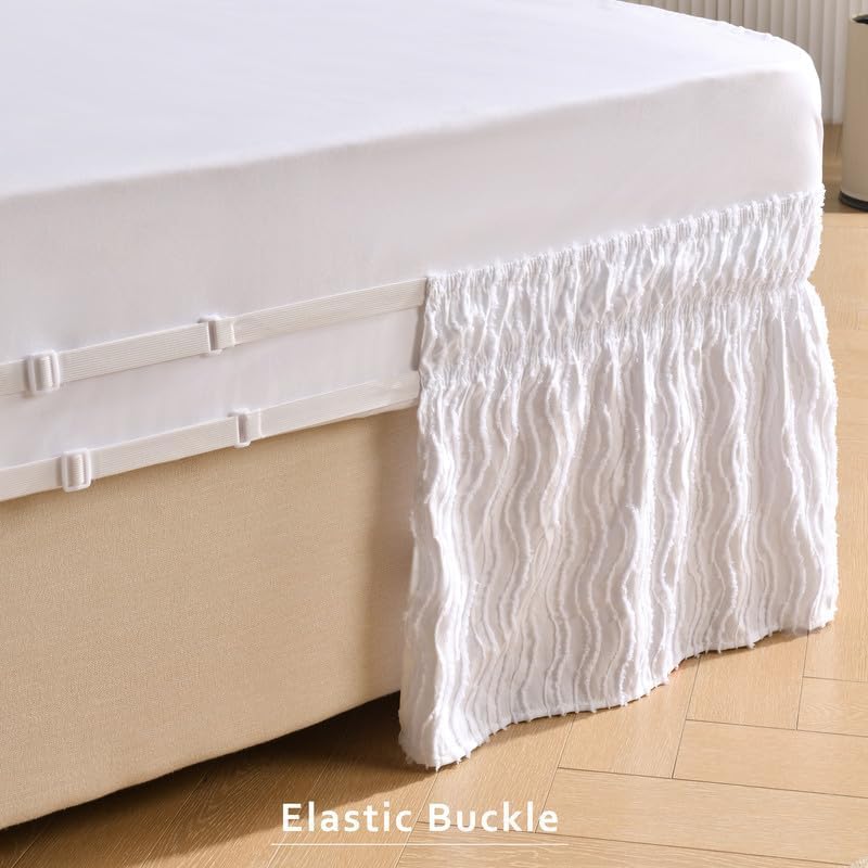MIYE Wavy Tufted Bed Skirt - Wrap Around Dust Ruffle with Elastic Belts - 18 Inch Drop Easy to Put On - Bedskirt Machine Washable & Wrinkle Resistant(Wavy/White, King/Queen-18 Drop)