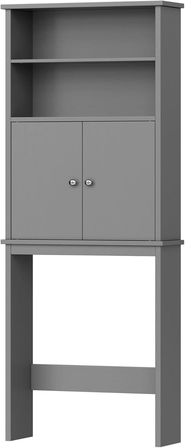 Walsunny Over The Toilet Storage Cabinet, Bathroom Organizer with Open Shelves and Double Doors, Space Saving Toilet Storage, Gray