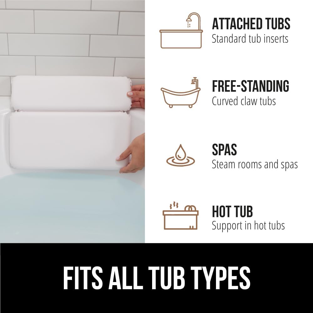 GORILLA GRIP Bath Pillow for Tub, Headrest for Neck and Back Support, Luxury Bathtub Pillows, Hot Tub Cushions, Bathroom Accessories for Women, Relaxing Spa Gifts for Mom Wife Girlfriend 2 Panel White
