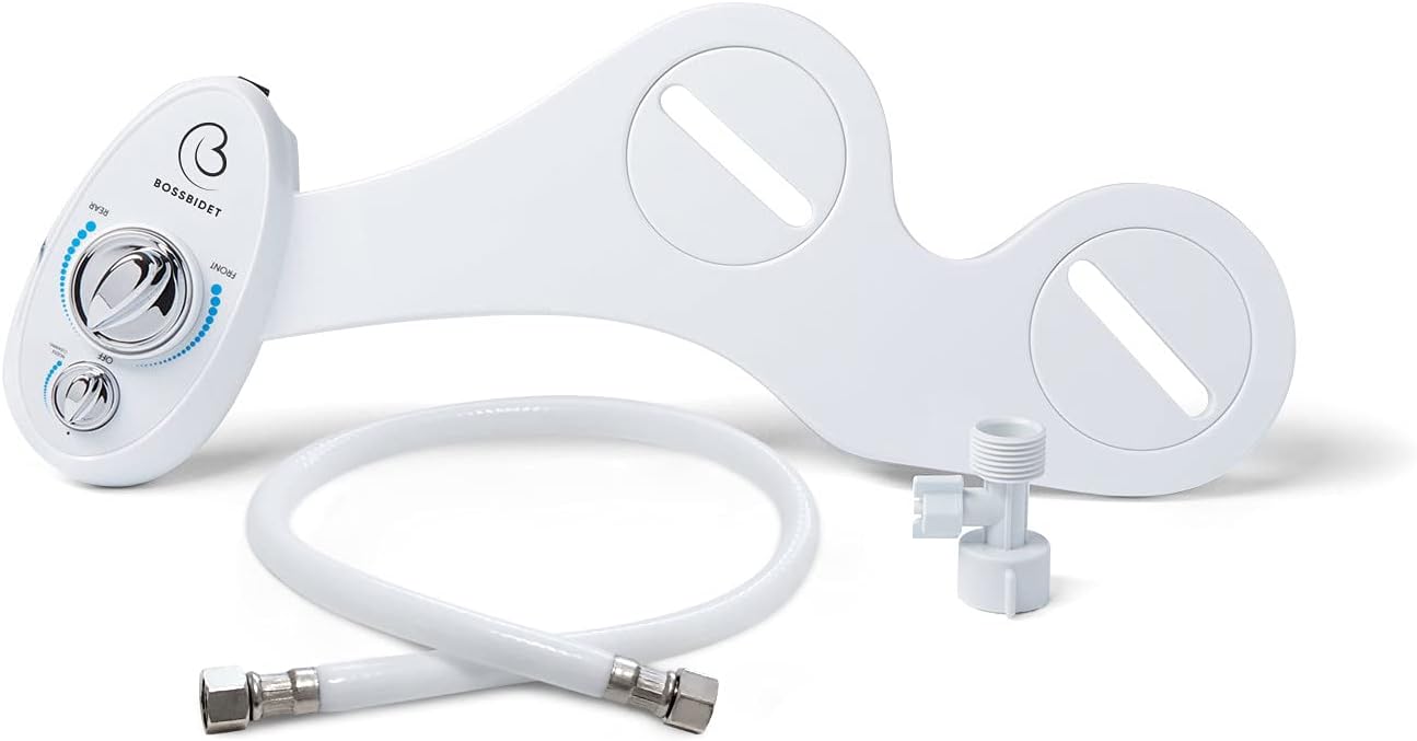 Boss Bidet Luxury White Blue - Bidet Attachment for Toilet Seat - Dual Nozzles, Self-Cleaning, Non-Electric Water Sprayer, Save Money On Toilet Paper and Reduce Waste