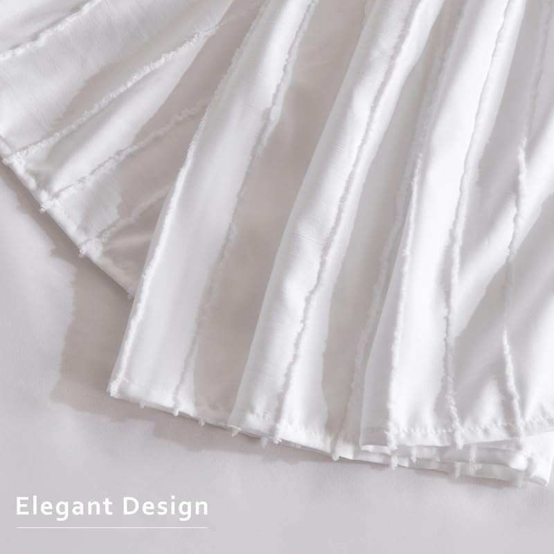 MIYE Striped Tufted Bed Skirt - Wrap Around Dust Ruffle with Elastic Belts - 18 Inch Drop Easy to Put On - Bedskirt Machine Washable & Wrinkle Resistant(Striped/White, King/Queen-18 Drop)
