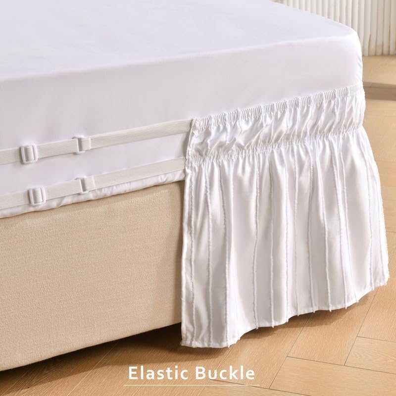 MIYE Striped Tufted Bed Skirt - Wrap Around Dust Ruffle with Elastic Belts - 15 Inch Drop Easy to Put On - Bedskirt Machine Washable & Wrinkle Resistant(Striped/White, King/Queen-15 Drop)