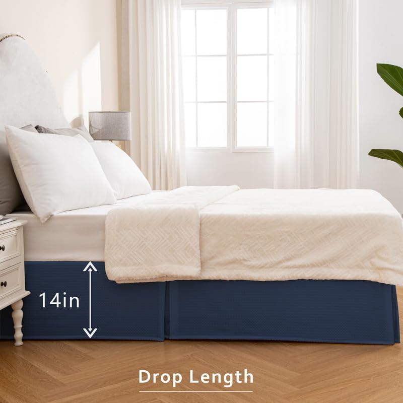 MIYE Pleated Waffle Weave Bed Skirt, Tailored Dust Ruffle 14 Inch Drop Easy Fit, Machine Washable (Navy Blue, King - 14" Drop)