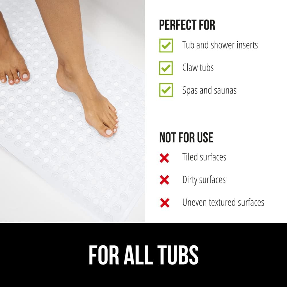 GORILLA GRIP Patented Bath Tub Shower Mat, 2 Pack, Machine Washable Bathtub Floor Liner Mats, Suction Cups and Drain Holes to Keep Tubs Clean, Soft on Feet, Bathroom Essentials, 35x16 Inch, White