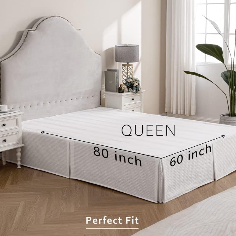 MIYE Pleated Waffle Weave Bed Skirt, Tailored Dust Ruffle 14 Inch Drop Easy Fit, Machine Washable,No Split Corners (White, Queen - 14" Drop)