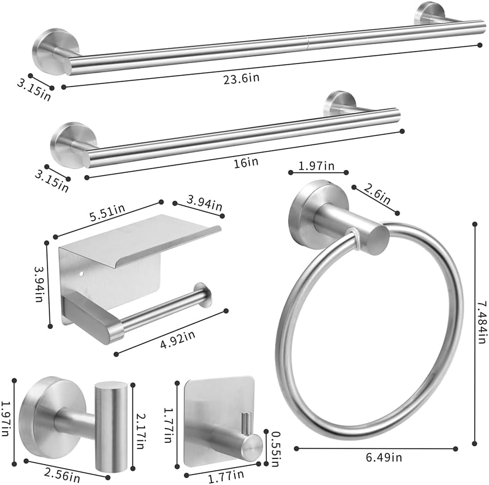 Brushed Silver 16-Piece Bathroom Hardware Set Stainless Steel, 24in and 16in Towel Bars Set Wall Mounted Bathroom Accessories