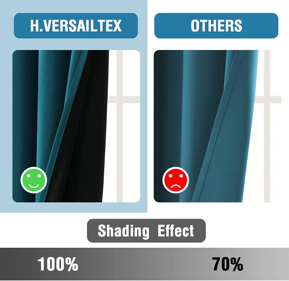 H.VERSAILTEX 100% Blackout Curtains for Bedroom Thermal Insulated Blackout Curtains for Living Room 96 Inches Long Rod Pocket Curtains with Black Liner 2 Panels Set, Dark Teal