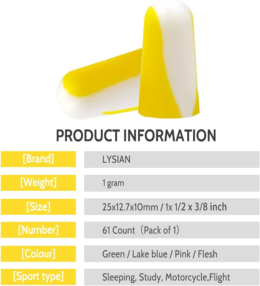 LYSIAN Foam Earplugs - 60 Pairs, 38dB Ear Plugs for Sleeping Noise Cancelling, Mowing, Shooting,Double Color Yellow/White