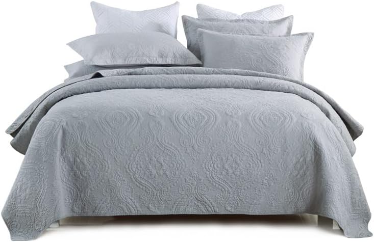 Quilt Set Floral Leaves 3D Embroidery Pattern 3 PCS Cotton Reversible Quilted Embroidered Decorative Bedspreads Coverlet Set, Lightweight &Soft Queen Size Beige Bedding Coverlet for All Season