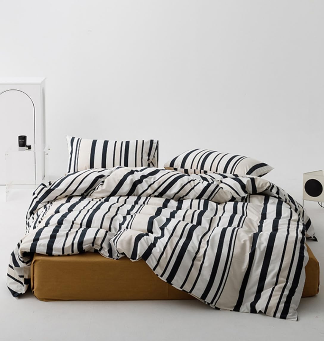KAREVER Striped Comforter Set King Black and White Comforter Men Women Modern Chic Stripes Bed Comforters Beige Black Striped King Ticking Bedding Comforter Set All Season Hotel Quality Bed Set