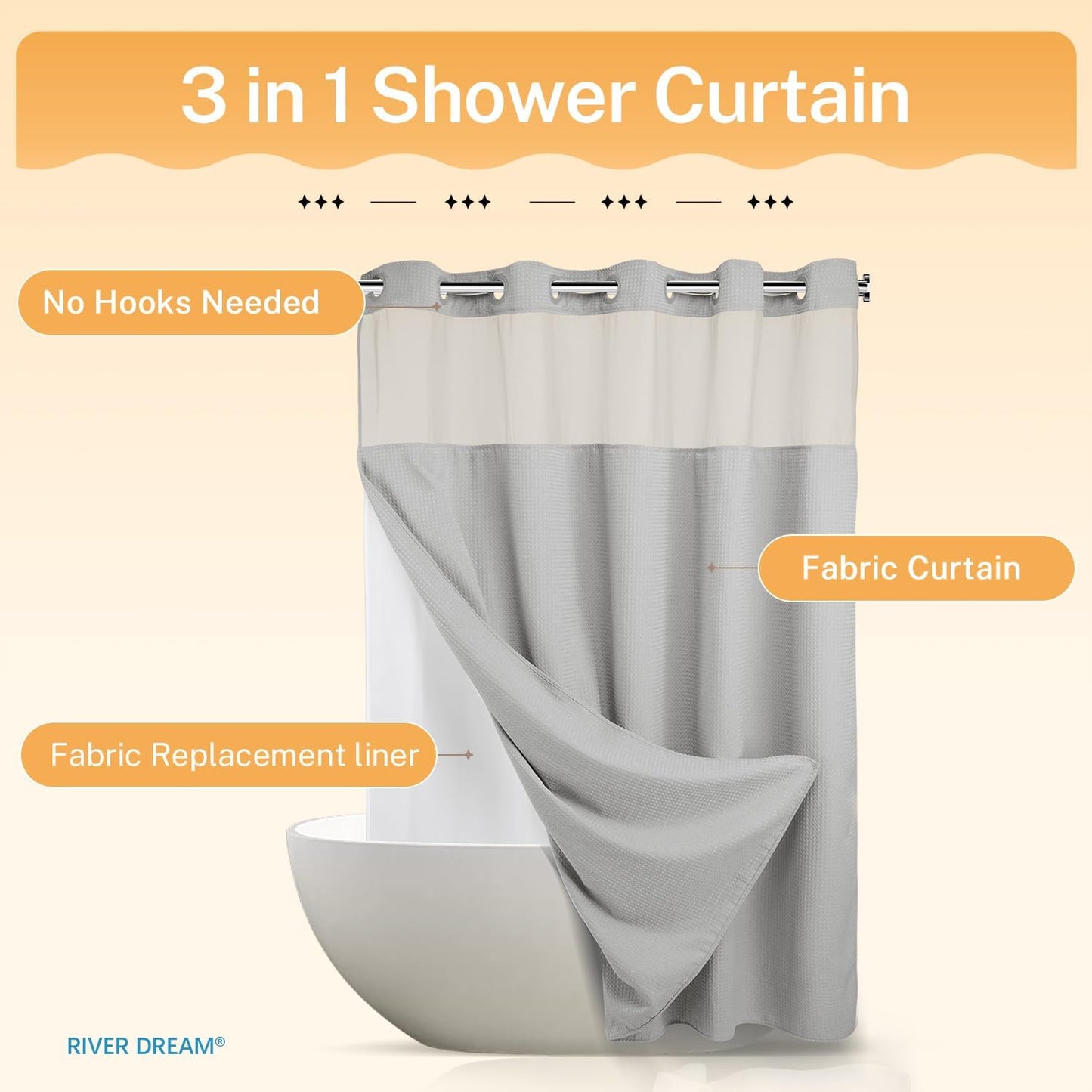 River Dream No Hooks Required Dotted Light Grey Shower Curtain with Snap in Liner - 71" W x 74" H,Hotel Grade,Spa Like Bath Curtain