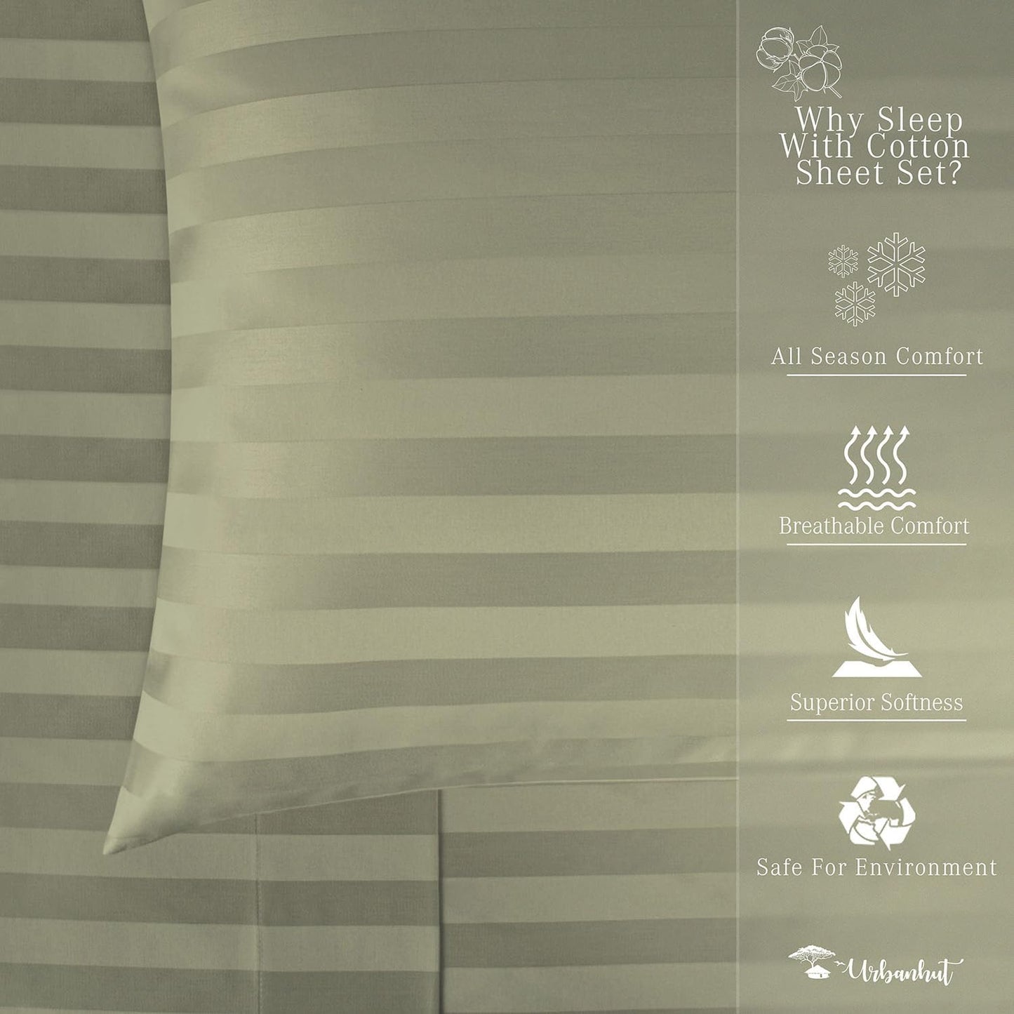 URBANHUT 1000 Thread Count Damask Striped Full Size Egyptian Cotton Sheets, Long Staple Soft & Breathable, 4 Pc Bed Sheet Sets, Luxury Hotel Sateen Finish Sheets Fits 16" Deep Pocket - Sage