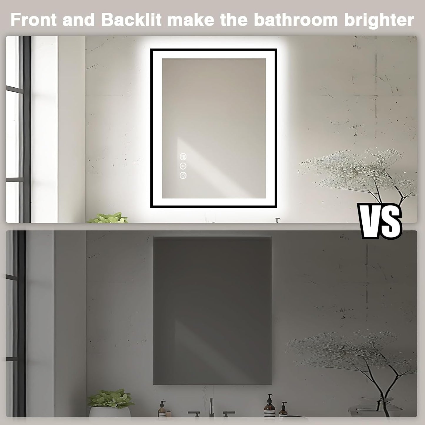 28x32 LED Bathroom Mirror - Black Aluminum Framed, Front & Backlit, Anti-Fog, Dimmable, Plugin/Hardwired