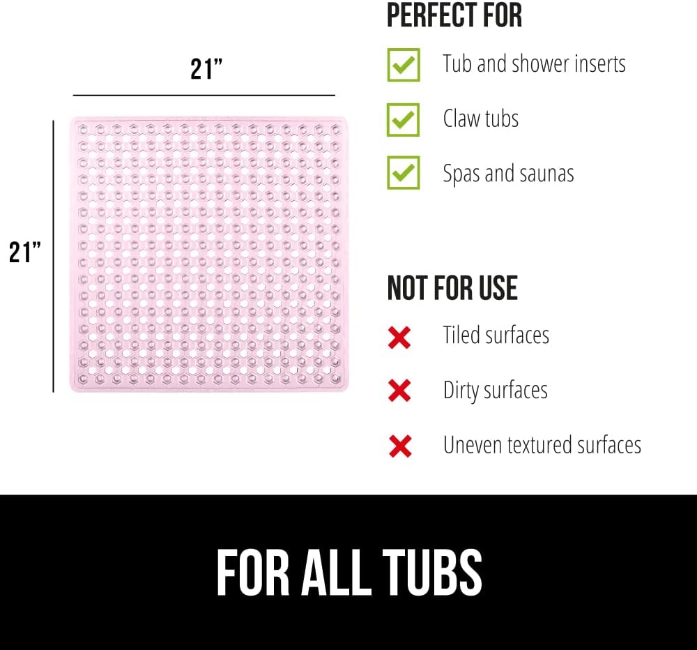 GORILLA GRIP Patented Square Shower Stall Mat, Small Bathtub Floor Mats for Stand Up Showers, Suction Cups and Drainage Holes, Machine Wash, Soft on Feet, Bathroom Accessories 21x21 Inch, Light Pink