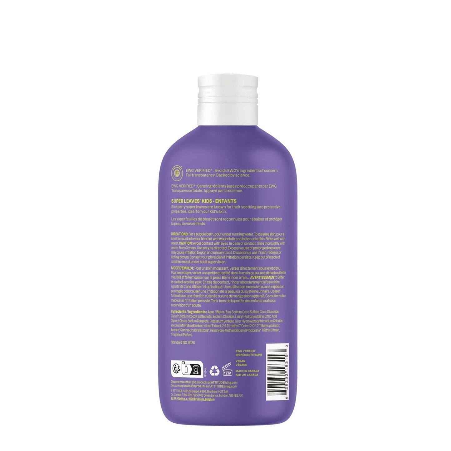 ATTITUDE Bubble Wash for Kids, EWG Verified Bubble Bath, Hair Shampoo and Body Soap, Dermatologically Tested, Plant- and Mineral-Based, Vegan, Vanilla & Pear, 16 Fl Oz
