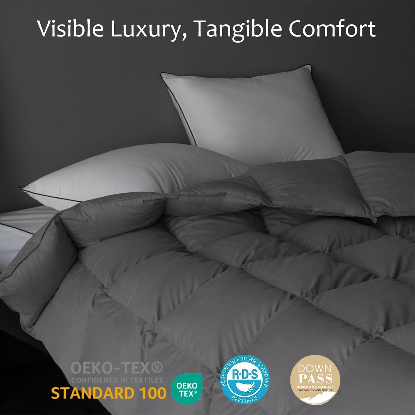 Luxury Down Fiber Comforter Queen Size - High Fill Power Medium Warmth for All Season Duvet Insert - Light Weight, Charcoal Grey (90" x 90")