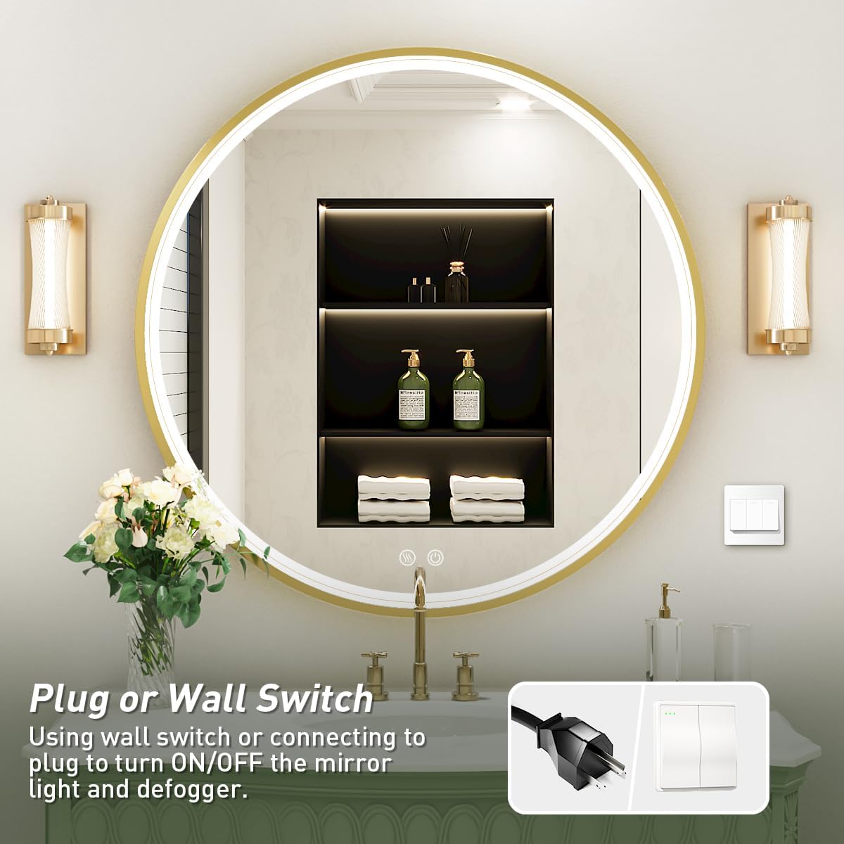 28" Round LED Bathroom Mirror, Dimmable Anti-Fog Vanity Mirror with Touch Control, 6000K Natural Light, Gold Metal Frame, Wall Mounted for Makeup Shaving (IP54, 90+ CRI)