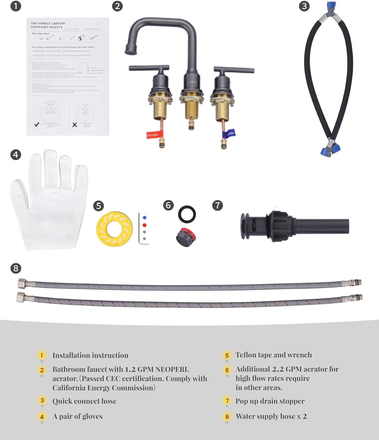 WOWOW Widespread Bathroom Faucet Brass Bathroom Sink Faucet Dark Grey Vanity Tap 3 Hole with Drain and Supply Lines, 2 Handle Basin Mixer Taps 3 Pieces