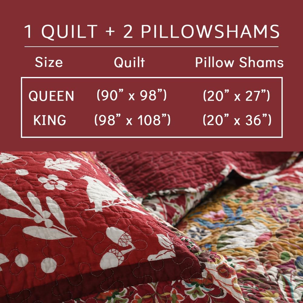 Cotton Bedspread Quilt Bedding Sets 3 Pieces Reversible Coverlet Sets Comforters Gorgeous Paisley Floral Patchwork Red Bedspread, Queen Size