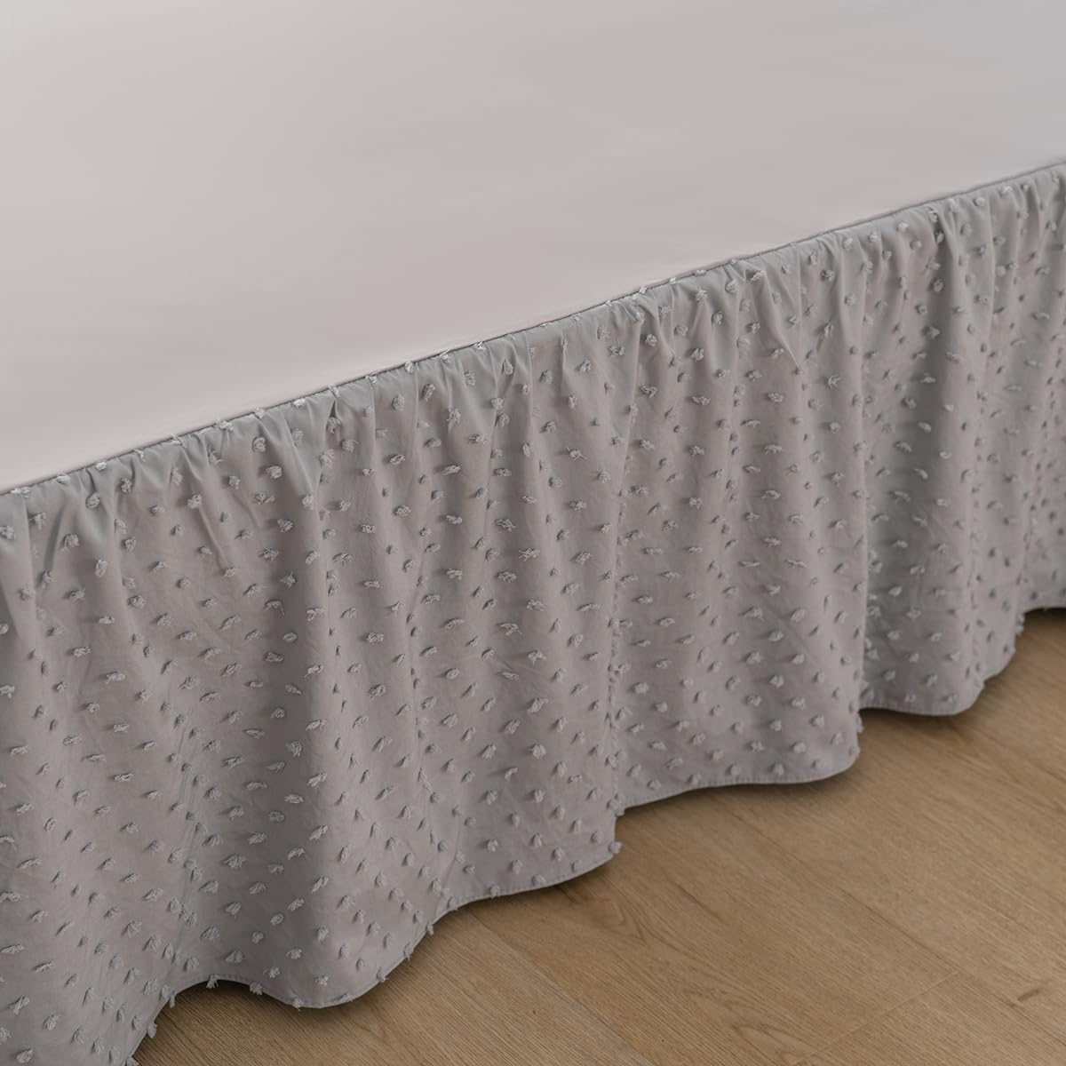 Tufted Dot Bed Skirt King Size Ruffled Bed Skirt with Split Corners, 18 Inch Drop Dust Ruffle Bed Skirts with Platform, Light Grey