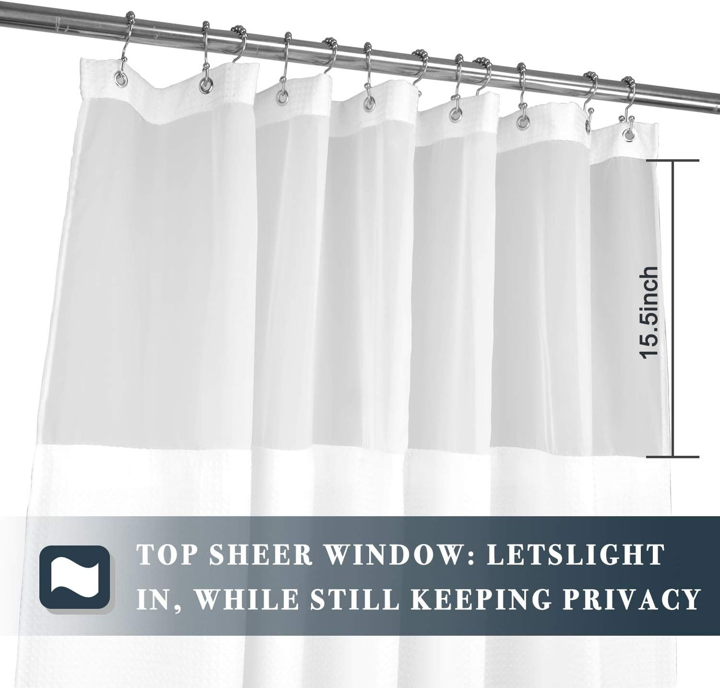 N&Y HOME Long Waffle Weave Shower Curtain 75 Inch Length with Snap-in Fabric Liner & Metal Hooks Set - Hotel Style, Waterproof & Washable, Heavyweight Fabric & Mesh Top Window - 71x75, White