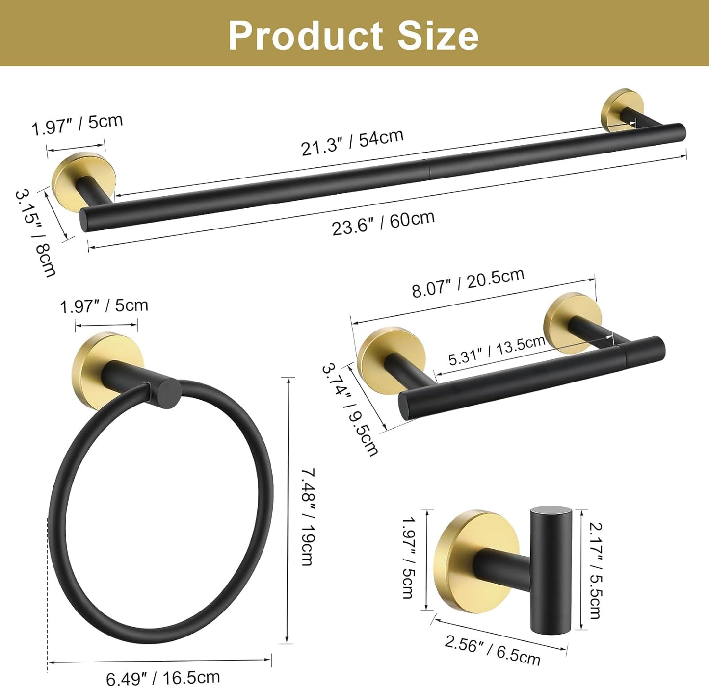 Black and Gold Towel Bar Bathroom Hardware Accessories Set, 10 Pieces Upgraded Round Toilet Paper Holder Towel Rack for Bathroom Wall Mounted, 23.6 Inch Stainless Steel Towel Rods for Bathroom