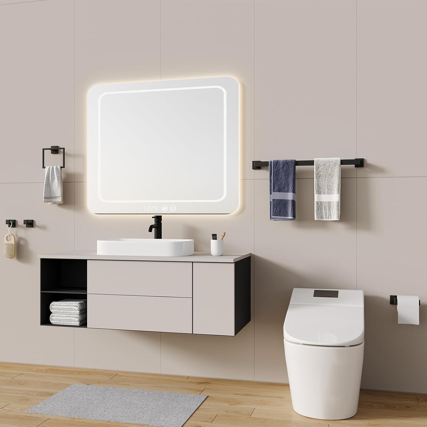 Bathroom Accessory Towel Bar Set: 5 Pieces Matte Black Square Bathroom Hardware SUS304 Stainless Steel - 24 Inch Wall Mounted Towel Rack&Toilet Paper Holder&Towel Ring and Towel Hook