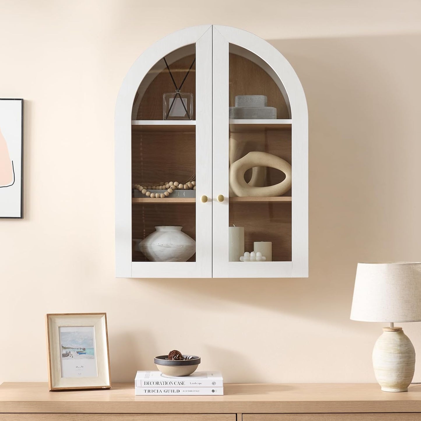 Bathroom Arched Wall Cabinet Over The Toilet Storage Cabinet, 23.6×31.4 Inch Bathroom Medicine Cabinet Wall Mount with Adjustable Shelves & Glass Door, Space Saver Wall Cabinet, White