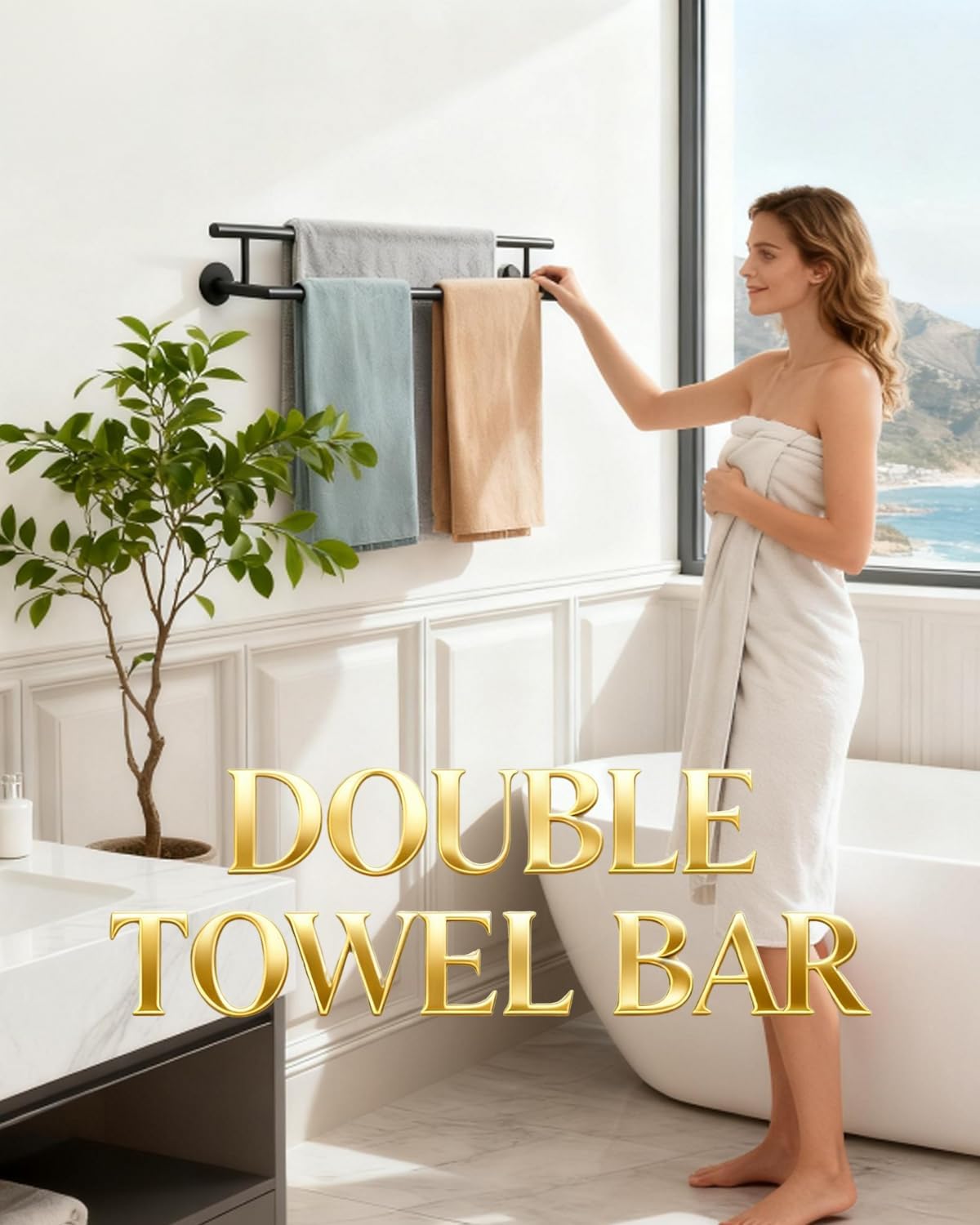 Alise Double Bath Towel Bars,28 Inch Towel Racks for Bathroom,SUS304 Stainless Steel Towel Holder,Sturdy Towel Hanger Wall Mounted,Towel Rod,Robe Towel Hooks,Matte Black Towel Rail,GYT6902-B
