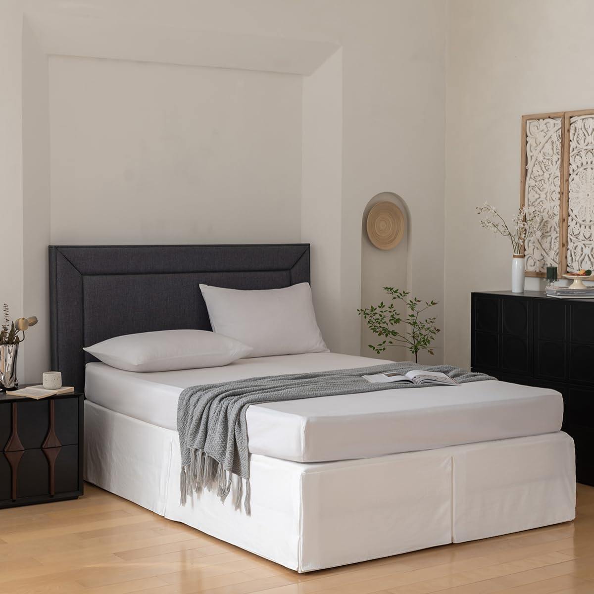 King Bed Skirt, Grid Plaid Soft Quadruple Pleated Ruffle Bed Skirt, Tailored Dust Ruffle 18 Inch Drop Easy Fit, Machine Washable (White)