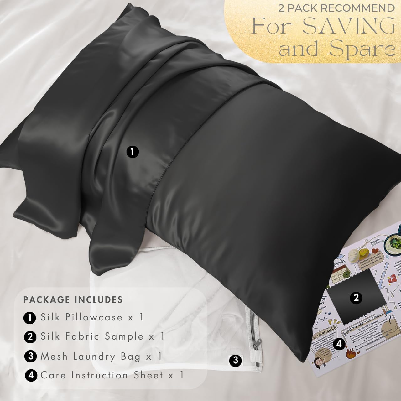 PROMEED Upgraded Grade 6A+ Black Silk Pillowcase with Zipper, 23 Momme Natural Mulberry Silk Pillow Cases for Hair and Skin - Easy Care with Free Laundry Bag (King 20"x36", Black)