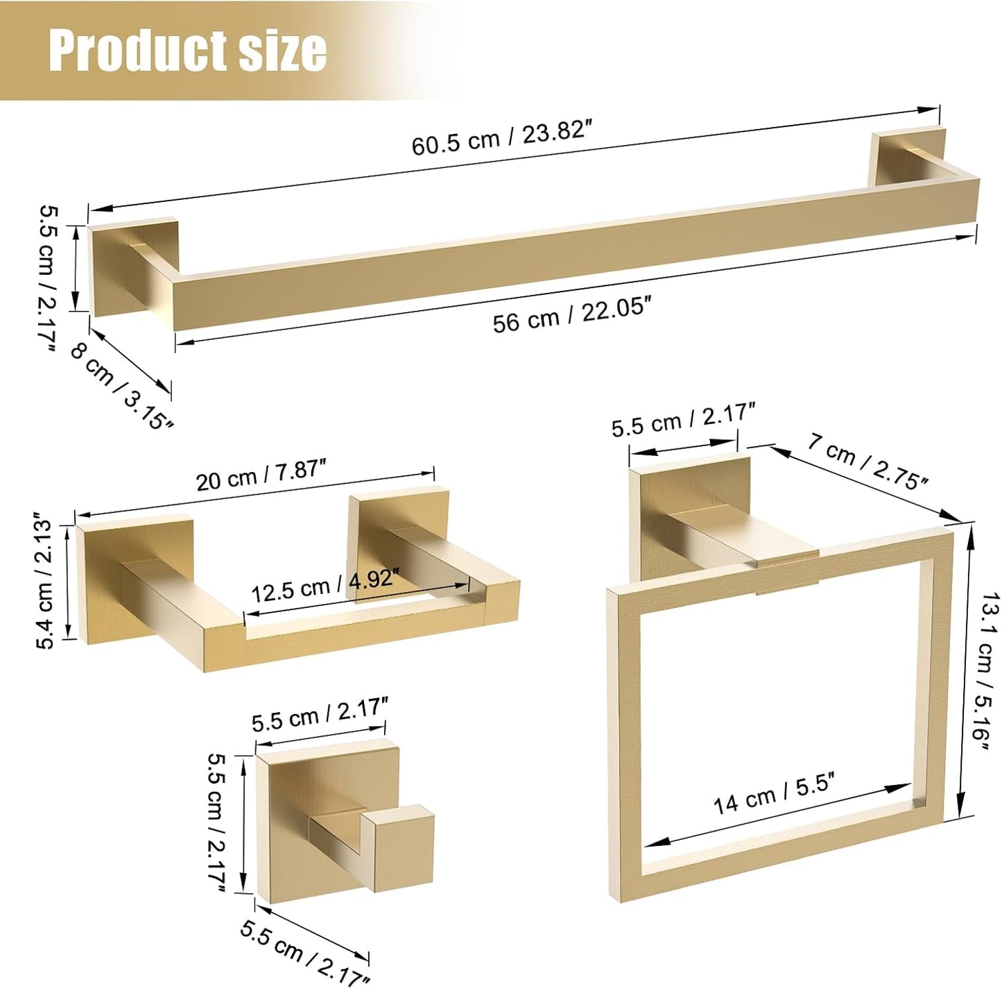 TQKAG Brushed Gold Bathroom Hardware Accessories Set 5 Pieces, Double Post Pivoting Toilet Paper Holder Set Stainless Steel Square Bathroom Towel Bar Holder Set Wall Mounted
