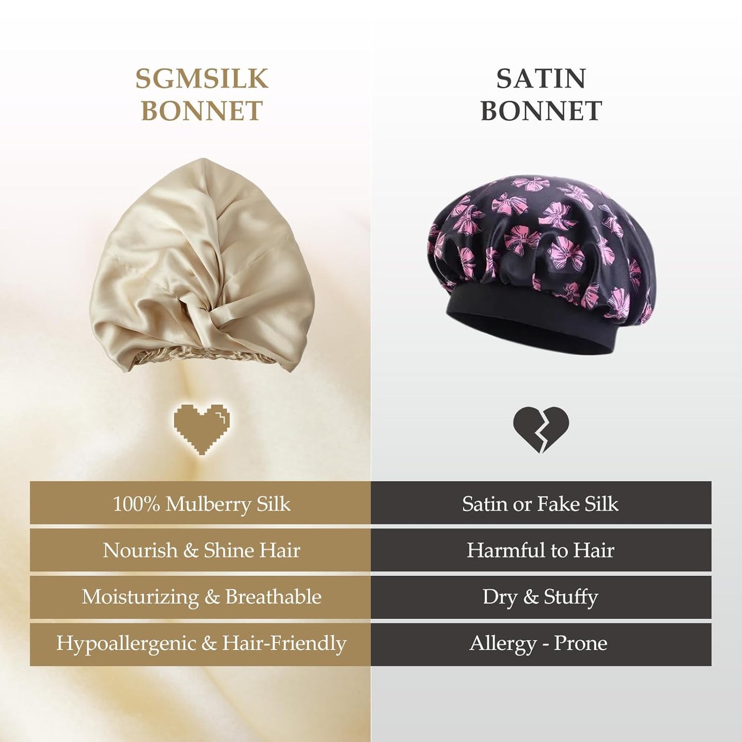 Silk Bonnet for Sleeping Women, 100% Mulberry Silk Sleep Cap with Elastic Band, Real Mulberry on Both Sides, Champagne