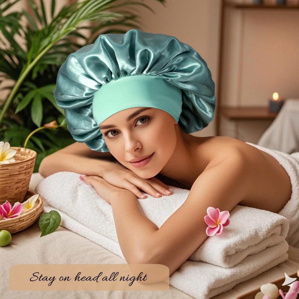 3+3 Large Satin Bonnets with Scrunchies for Women, Wide Band Hair Bonnet for Sleeping Braids Curly Hair