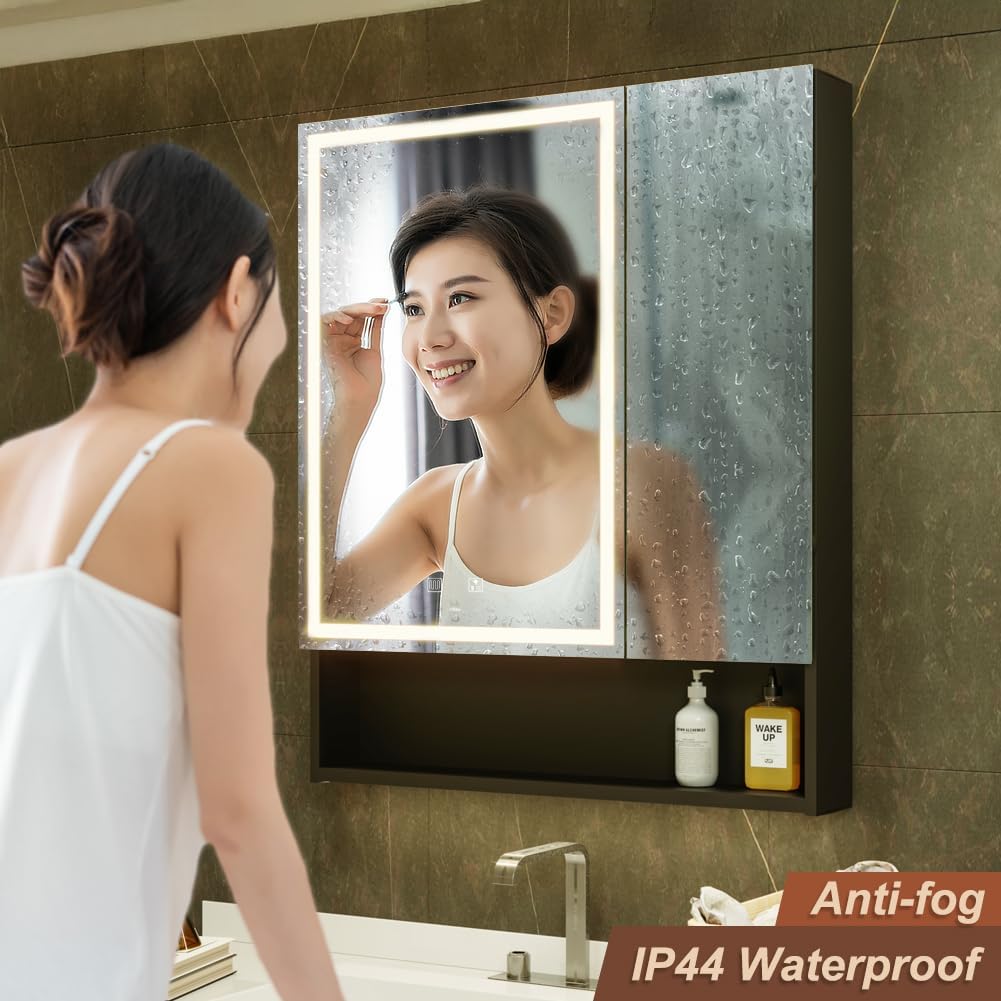 KWW LED Lighted Bathroom Medicine Cabinet with Sockets & USBs, Defogger, Dimmable, 3 Color Light Makeup Mirror, Easy to Install, Wall Mounted Cabinet (Two-Door, 30 * 34)