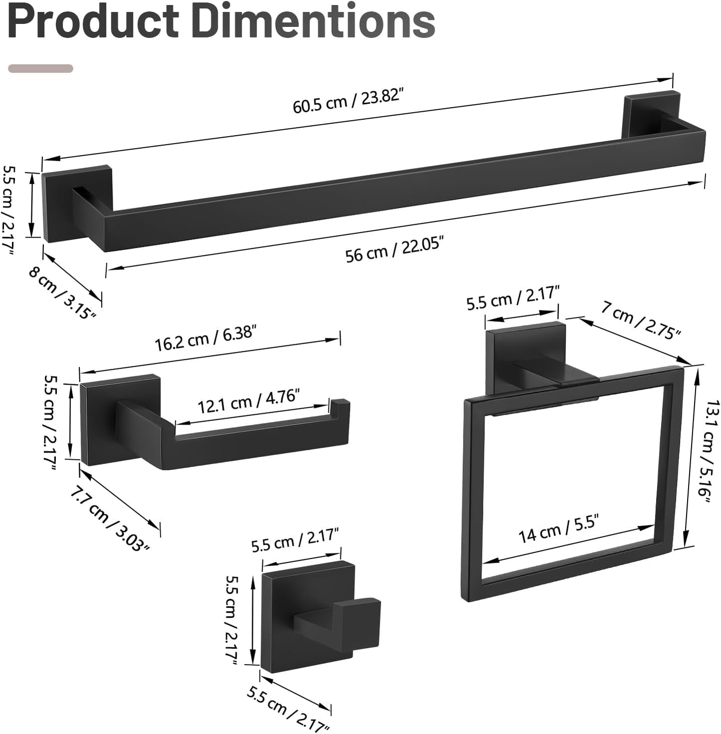 YACVCL 5 Pieces Matte Black Bathroom Hardware Set Towel Bar Set for Bathroom, Stainless Steel Towel Holder Set Wall-Mounted Bathroom Accessorie Set,23.6 Inch