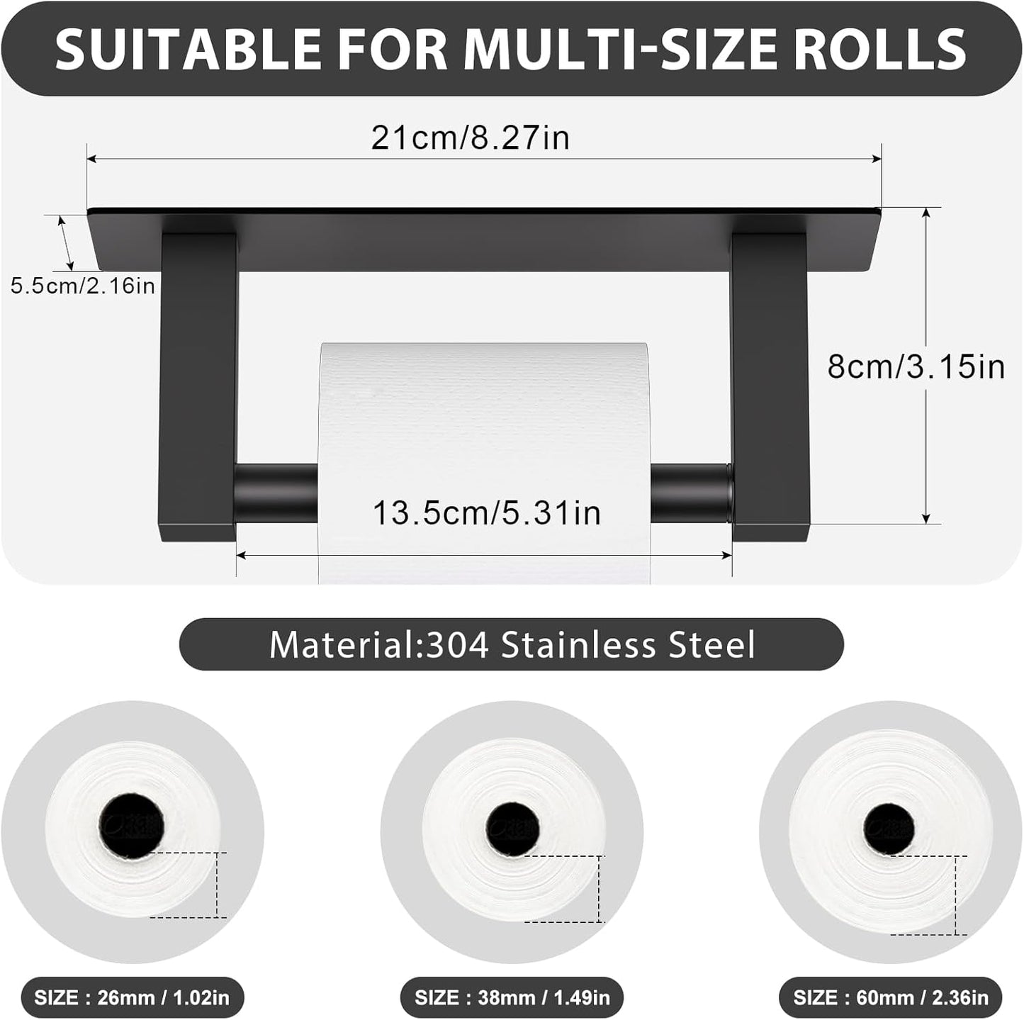 Black Self Adhesive Toilet Paper Holder, Stainless Steel Bathroom Toilet Paper Holder Stick On Wall Mount, Commercial Toilet Paper Dispenser Peel and Stick Toilet Paper Holder Adhesive
