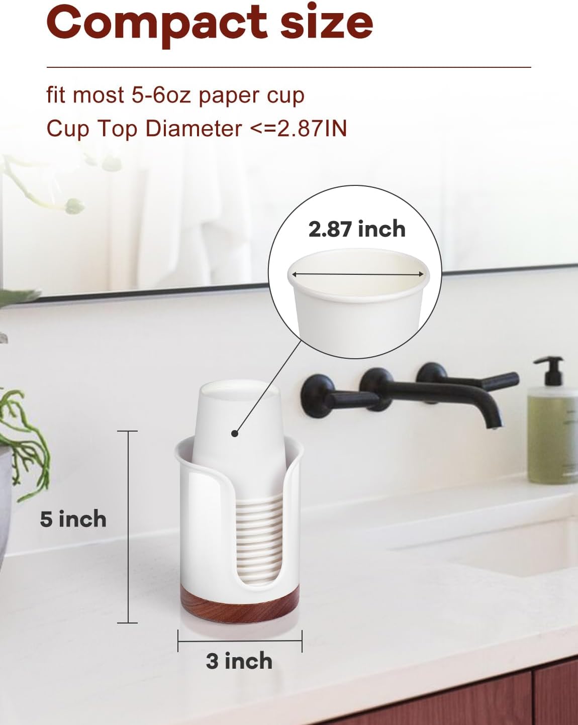 Premium Bathroom Cup Dispenser Countertop - Paper Cup Holder for 5 6 oz Bathroom Cups, Bathroom Storage Organization - PC/Walnut, Black, Pack of 1