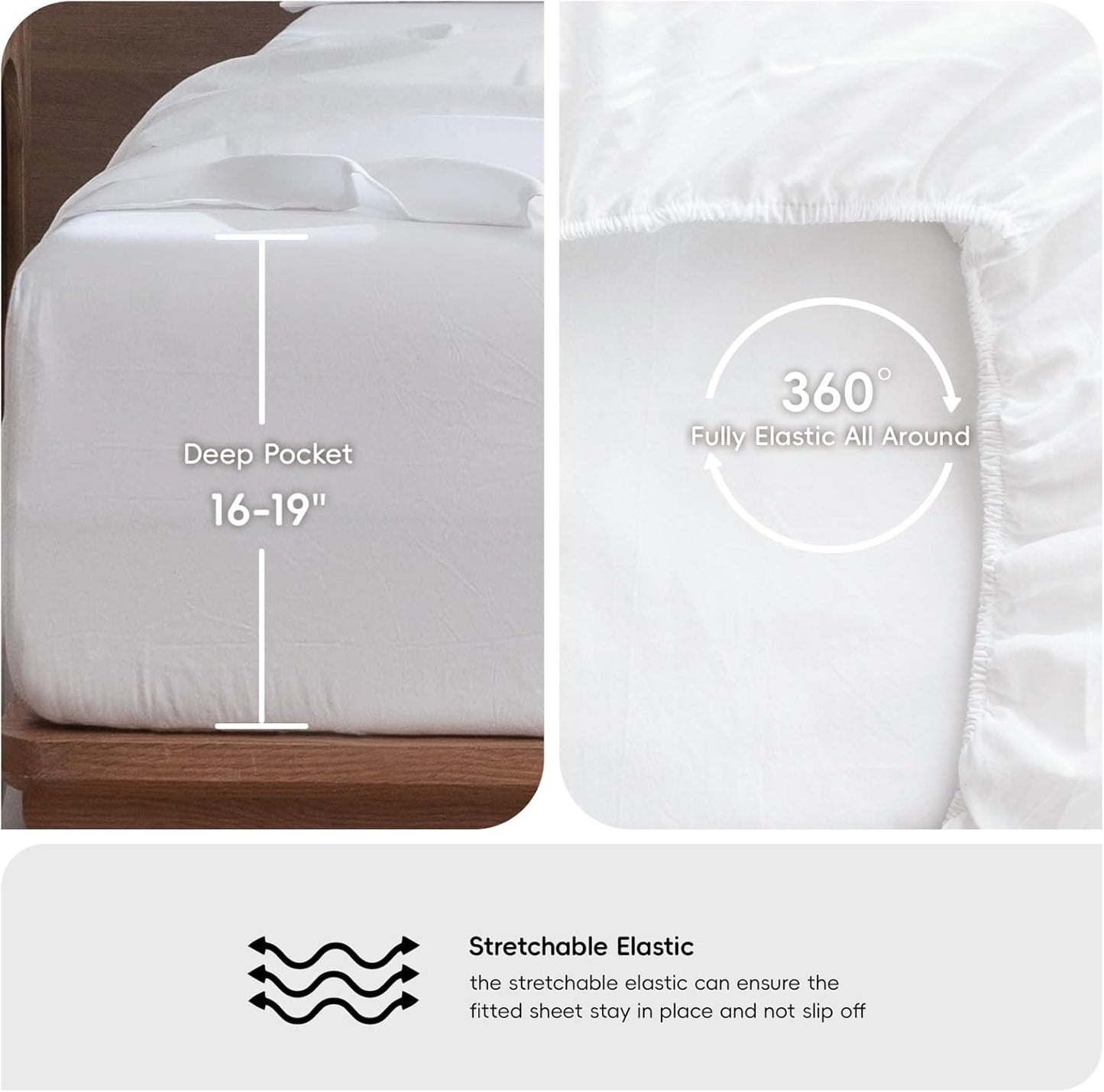 MooMee Bedding Sheet Set 100% Washed Cotton Linen Like Textured Breathable Durable Soft Comfy (Solid Bright White, Queen)