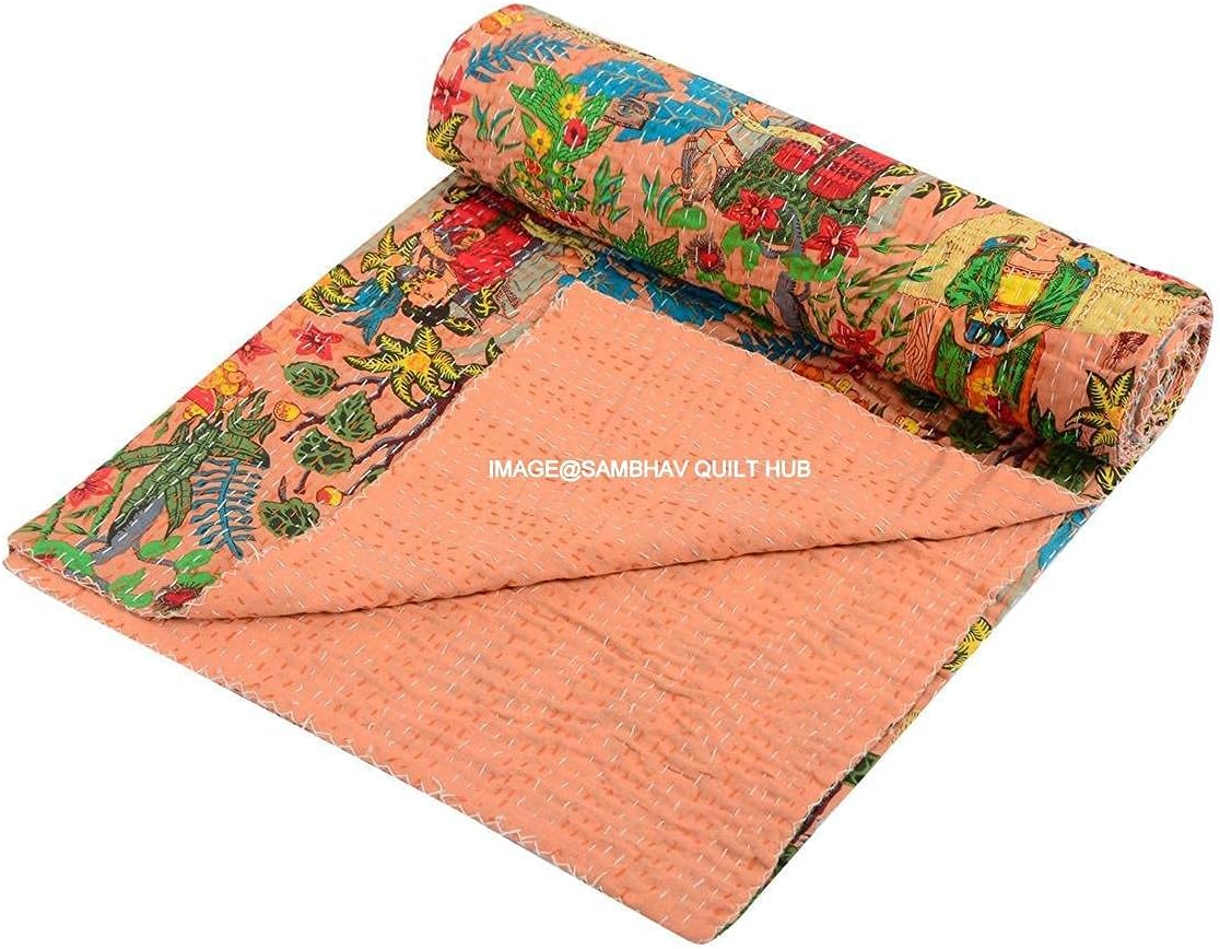 Floral Printed Cotton Quilted Blanket Indian Handmade Bedspread Kantha Work Bohemian Bed Decor Throw Blanket Twin/King/Queen (60X90 inches)