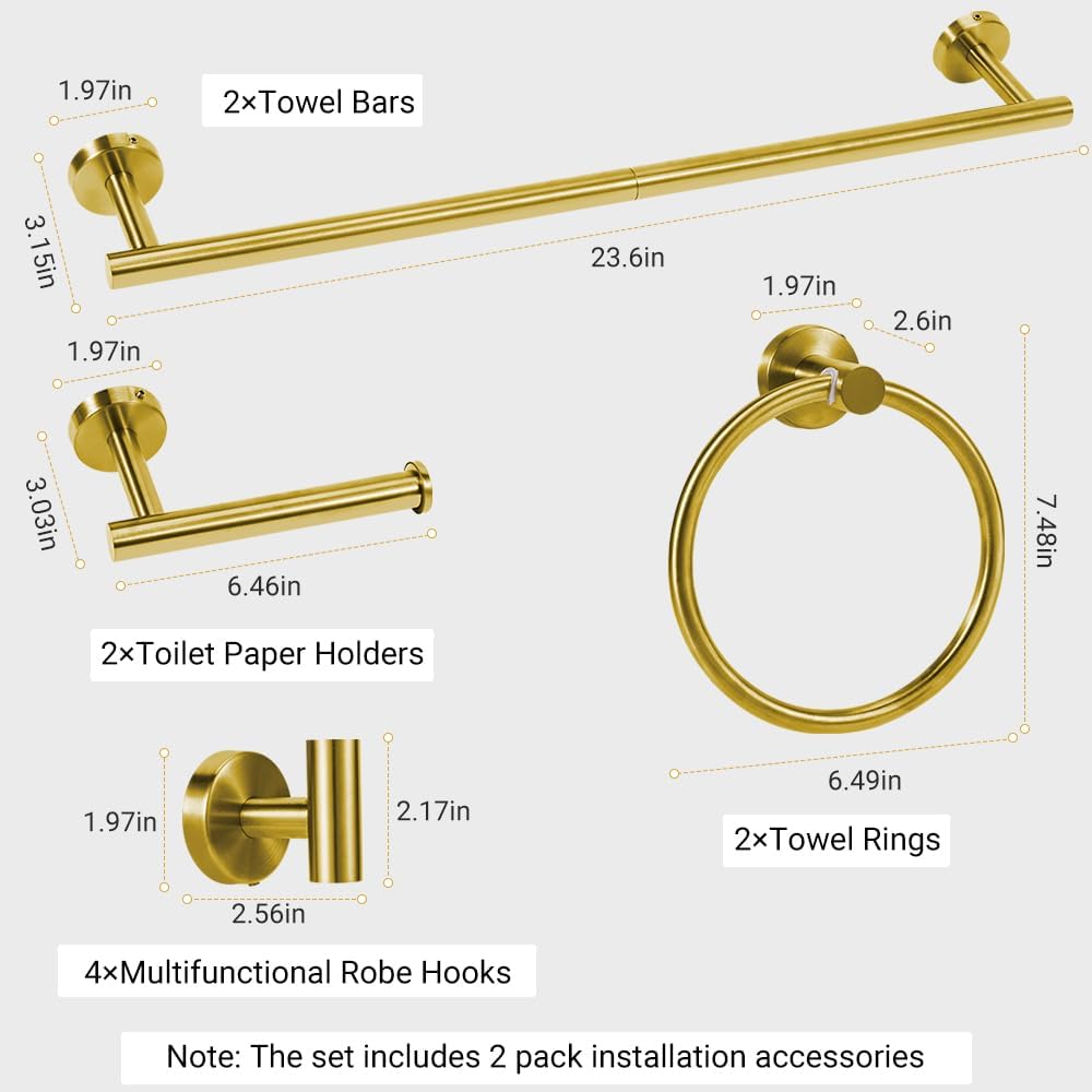 Gold Bathroom Towel Bar Set, 10-Piece Stainless Steel Hardware Bathroom Accessories, 24" Towel Racks for Bathroom Walls