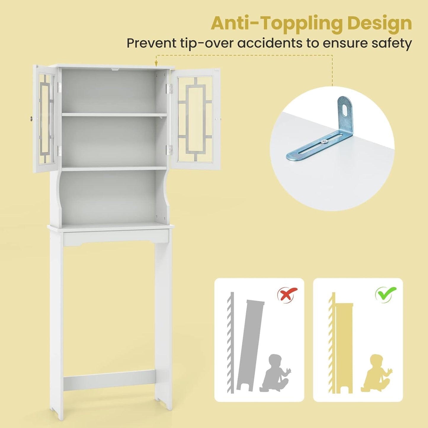 BestComfort Over The Toilet Storage Cabinet, Home Bathroom Space Saver Organizer Above Toilet, Double Doors and Adjustable Shelf, Wooden Freestanding Toilet Storage Rack Unit, 67 in H (White)
