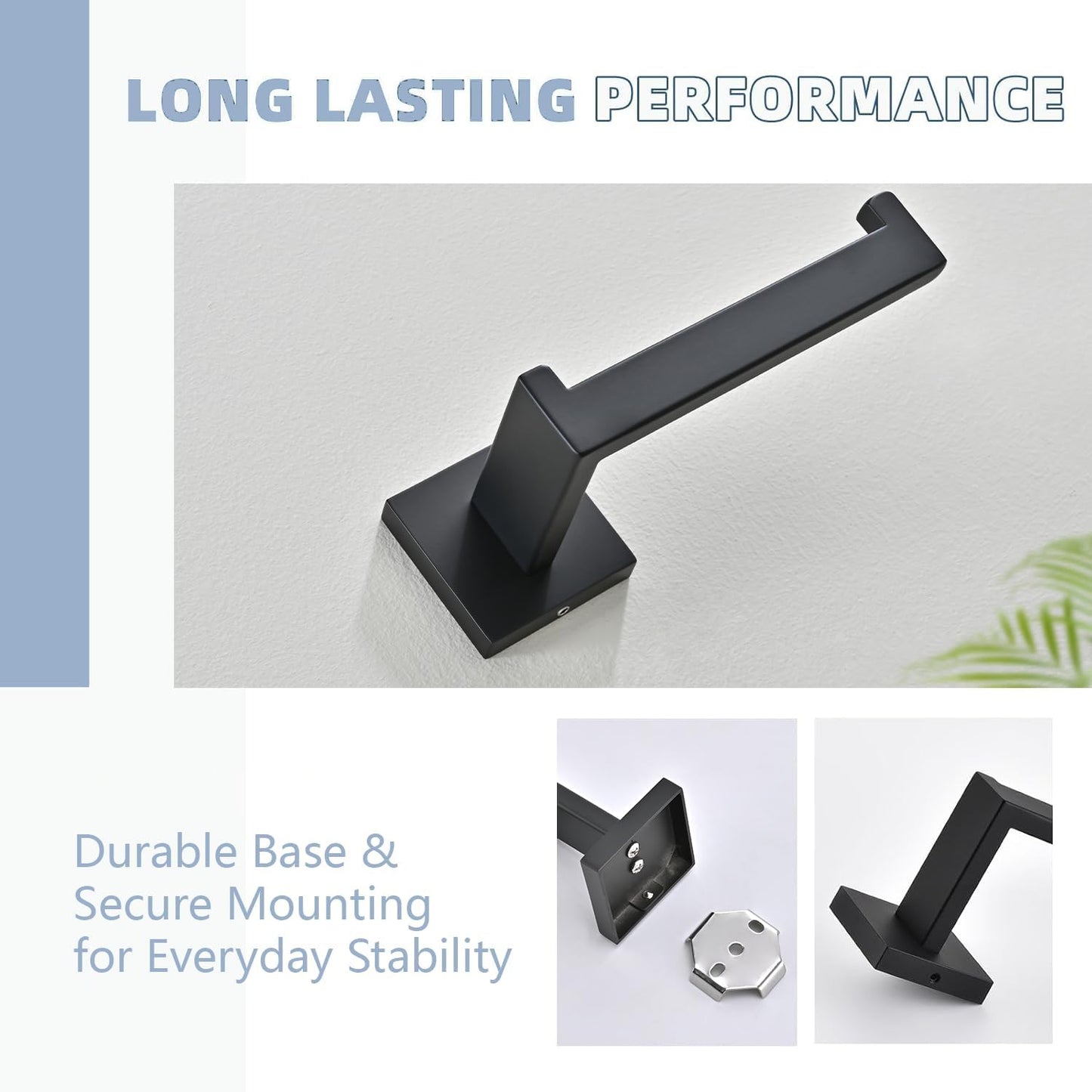 3PCS Bathroom Hardware Set, Matte Black Toilet Paper Holder, 2 Square Towel Robe Hooks, SUS 304 Stainless Steel, Wall Mounted, Modern, Rust‑Resistant (Black)