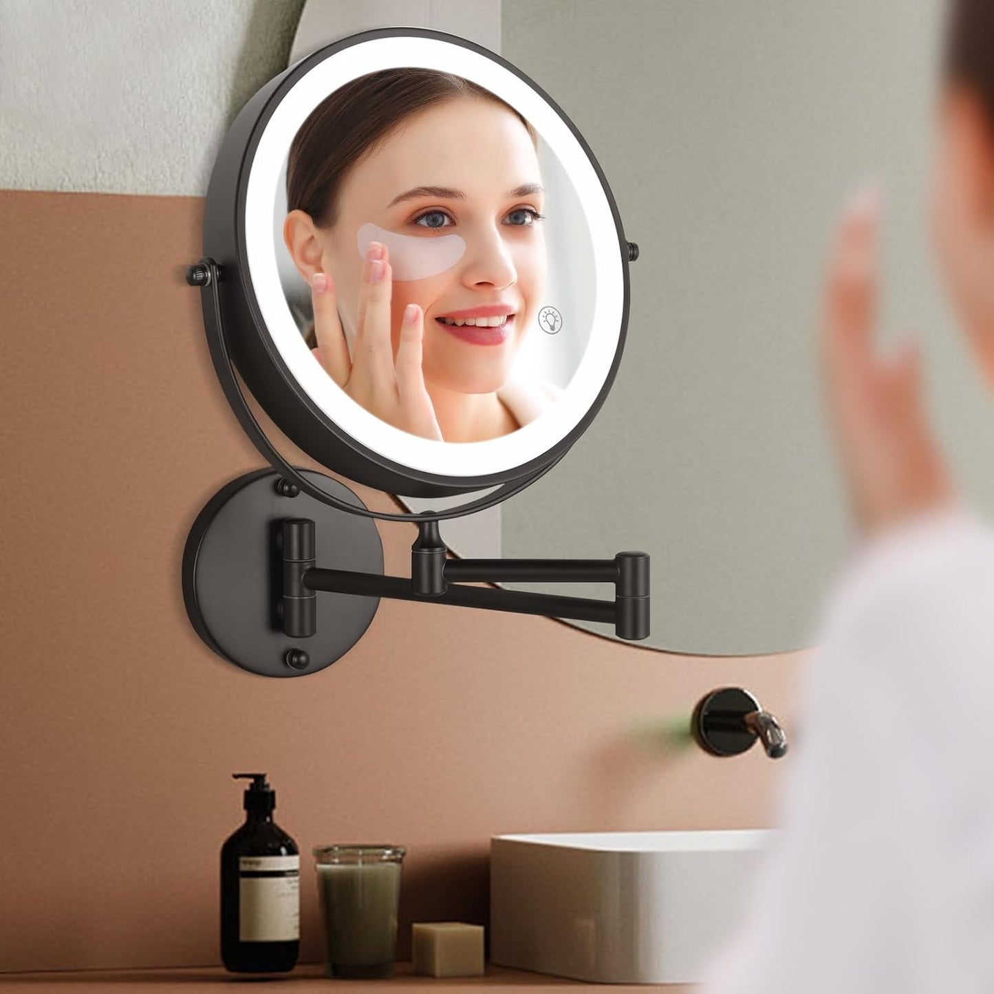 8.5'' Lighted Makeup Mirror with Magnification, Double Sided Dual Touch 1X/10X Magnifying Mirror with Lights 360°Swivel Bathroom Mirror with Extendable Arm