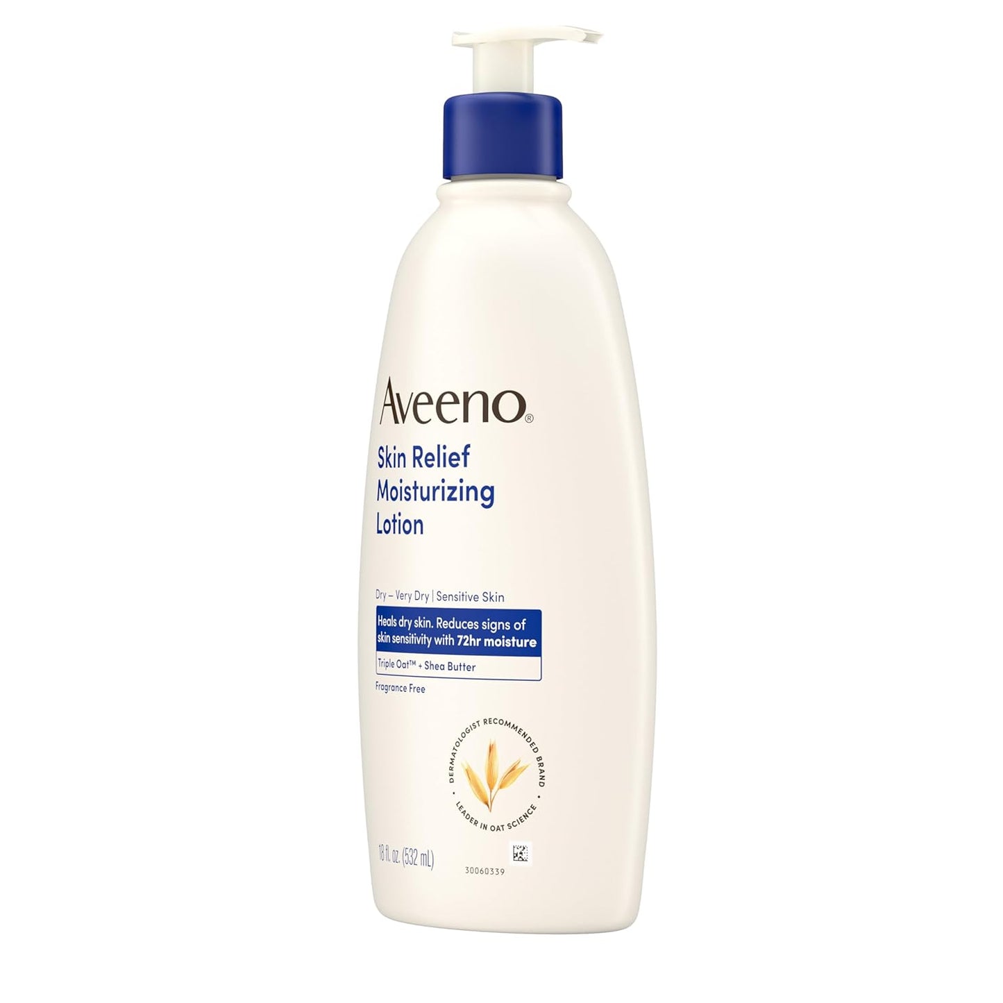 Aveeno Skin Relief Moisturizing Lotion Heals Very Dry, Sensitive Skin, Fast-Absorbing Body Lotion with Soothing Triple Oat & Shea Butter Formula, Fragrance Free, Non-Comedogenic, 18 fl. oz